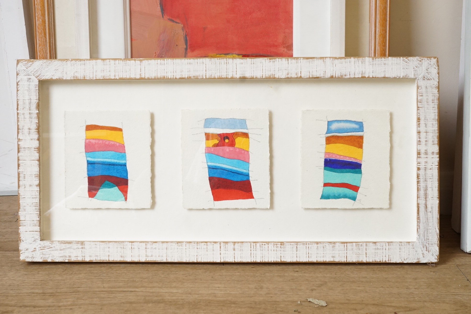 Sri Lankan School, three untitled abstracts, framed as one, indistinctly signed and dated 2006 verso, watercolours, each 14 x 11cm